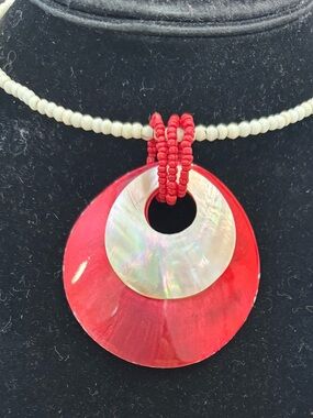 Red Shell Disc Necklace with Mother-of-Pearl Accent, Handcrafted